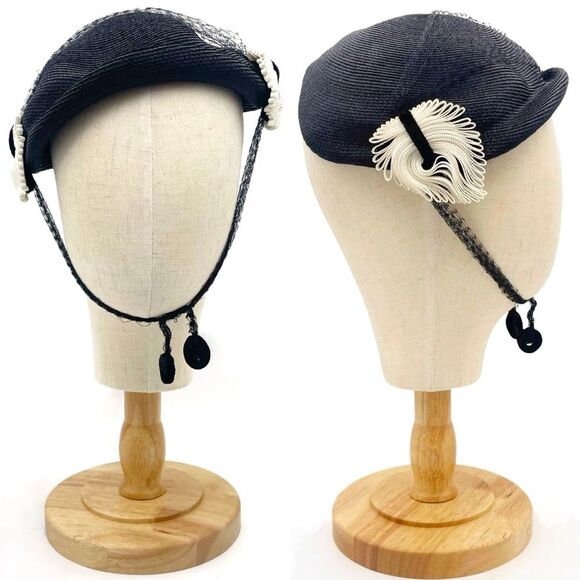 Vintage 50s Tilt Hat Black & Cream Straw Close Style Fascinator Black Mesh Veil - Picture 16 of 16